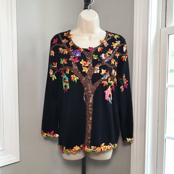 Vintage Michael Simon Sequin Birds Tree Sweater - Women’s Large EUC